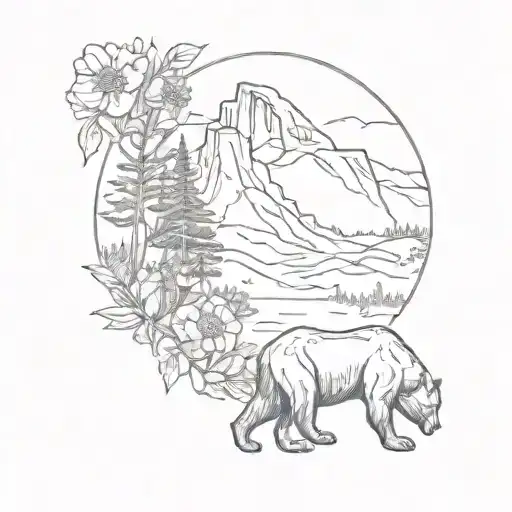 half dome, bear and wild flowers tattoo design idea