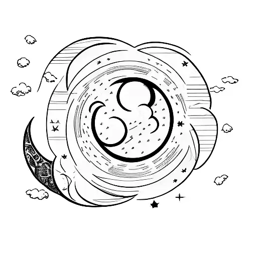 Clouds, moon, big star tattoo design idea