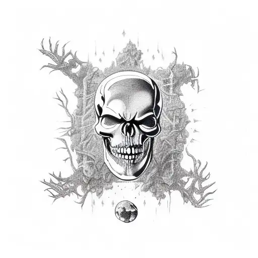 Generate a tattoo design with a movie reel, and a skeleton hand reaching out of the ground and turning into a Daphne tre tattoo design idea