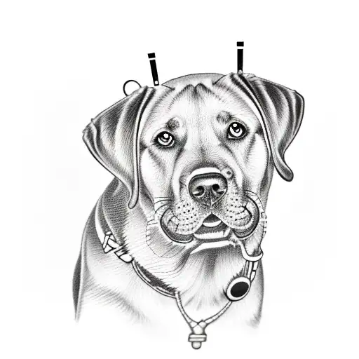 A detailed illustration of a Labrador Retriever surrounded by musical notes tattoo design idea