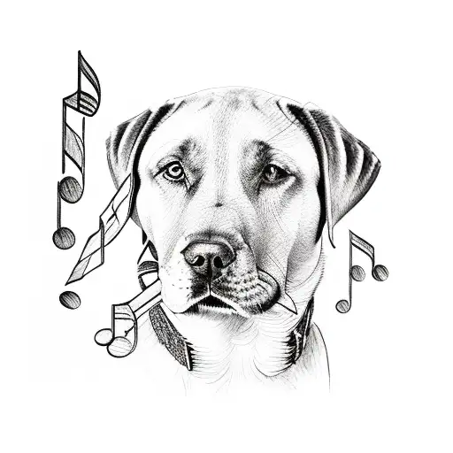 A detailed illustration of a Labrador Retriever surrounded by musical notes tattoo design idea