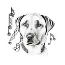A detailed illustration of a Labrador Retriever surrounded by musical notes tattoo design idea