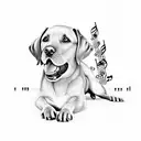 A detailed illustration of a Labrador Retriever surrounded by musical notes tattoo design idea