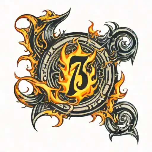 three number sevens horizontally next to each other with flames coming from the numbers tattoo design idea