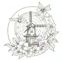 A circular tattoo design incorporating elements like cherry blossoms, windmills, and coffee beans in a cohesive and elegant way tattoo design idea