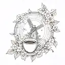 A circular tattoo design incorporating elements like cherry blossoms, windmills, and coffee beans in a cohesive and elegant way tattoo design idea
