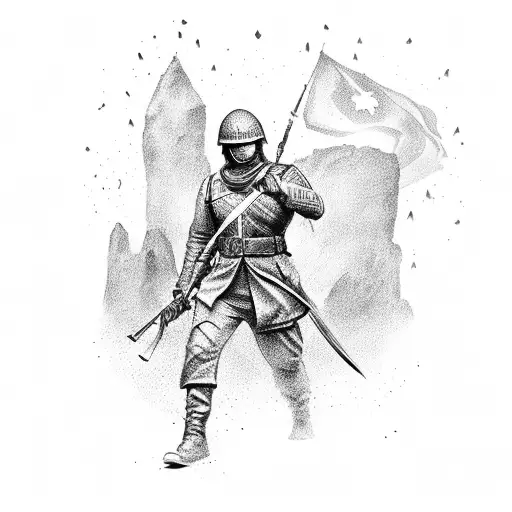 A battlefield scene with a fallen soldier's sword planted in the ground tattoo design idea