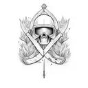 A battlefield scene with a fallen soldier's sword planted in the ground tattoo design idea