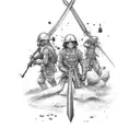 A battlefield scene with a fallen soldier's sword planted in the ground tattoo design idea