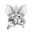 Thigh tattoo with snails, small elephants with fairy wings, fruit, and plants tattoo design idea