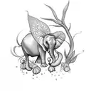Thigh tattoo with snails, small elephants with fairy wings, fruit, and plants tattoo design idea