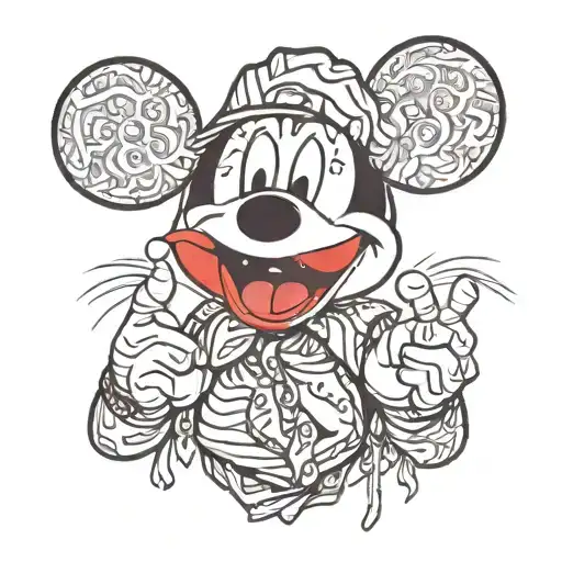 Mickey Mouse head in a bandana and hands with a fuck you gesture tattoo design idea