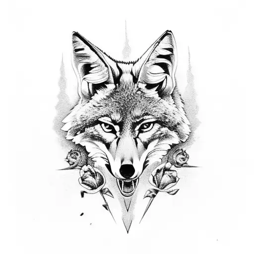 coyote skull with crow on top, floral tattoo design idea