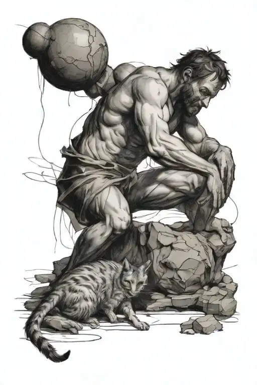 A sketch tattoo of Sisyphus with a cat by his side, representing the struggle of being an accused defendant tattoo design idea