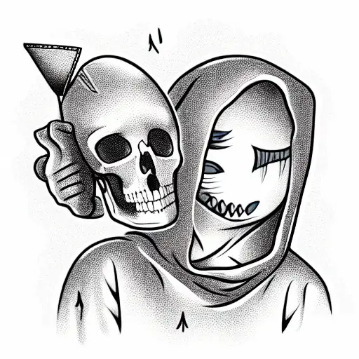 cute death in a hood with a fan in his hand tattoo design idea