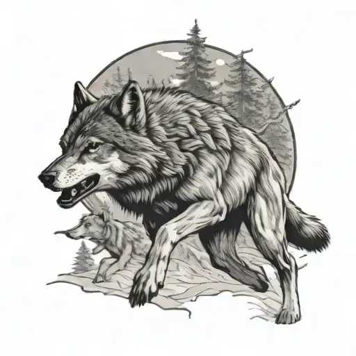 A hunting scene with a wolf leading the pack, done in a black-grey style tattoo design idea