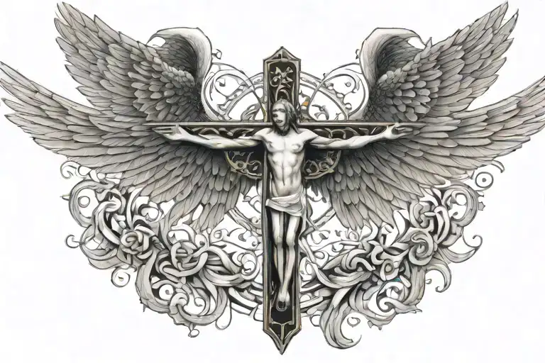 psalm 91 with crucifix and Angel wings spread wide tattoo design idea