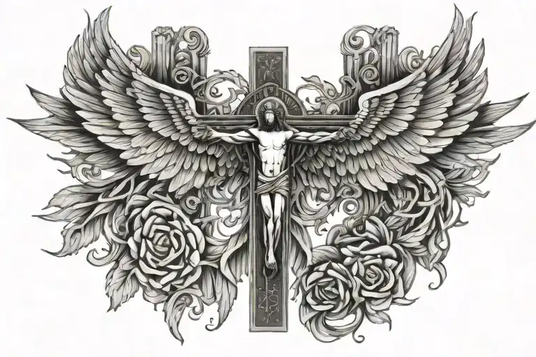 psalm 91 with crucifix and Angel wings spread wide tattoo design idea