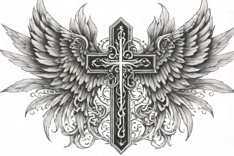 psalm 91 with cross and Angel wings spread wide open tattoo design idea