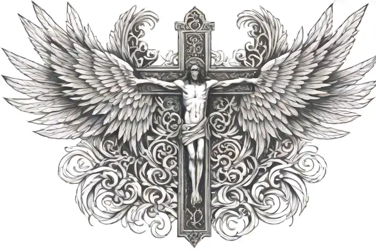psalm 91 with crucifix and Angel wings spread wide tattoo design idea