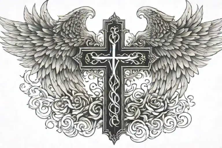 psalm 91 scripture with cross and Angel wings spread wide open tattoo design idea