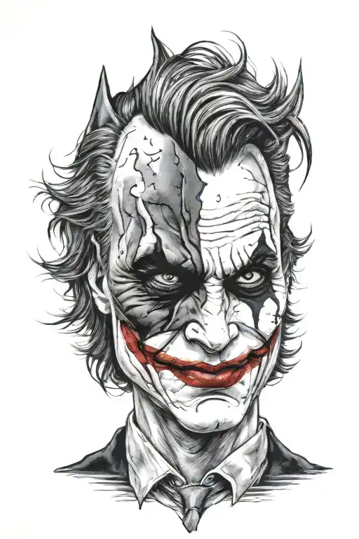 portrait half batman, half joker face tattoo design idea
