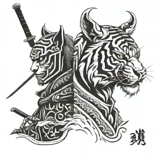 samurai and tiger head tattoo design idea