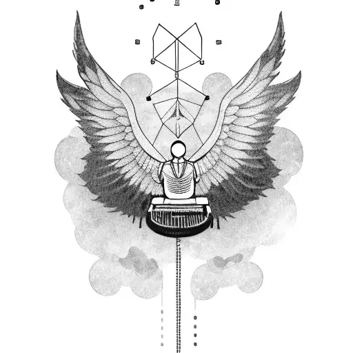 A typewriter with wings, surrounded by inspirational quotes tattoo design idea
