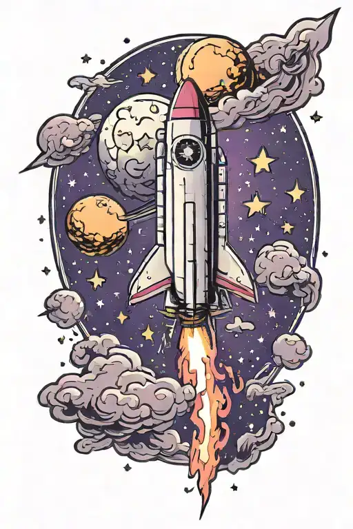 rocket in outer space with stars with purple background tattoo design idea