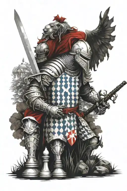 red and white croatian chessboard and knight holding a sword and everything surounded with plitvice lake nature tattoo design idea