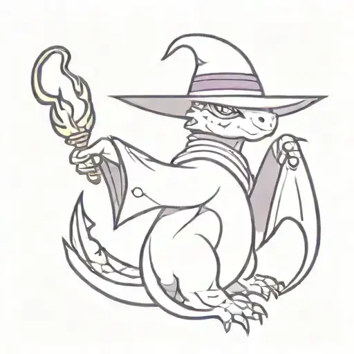 black baby dragon Wizard with BLUE and purple closed robes with a pointed hat and casting a Fireball tattoo design idea