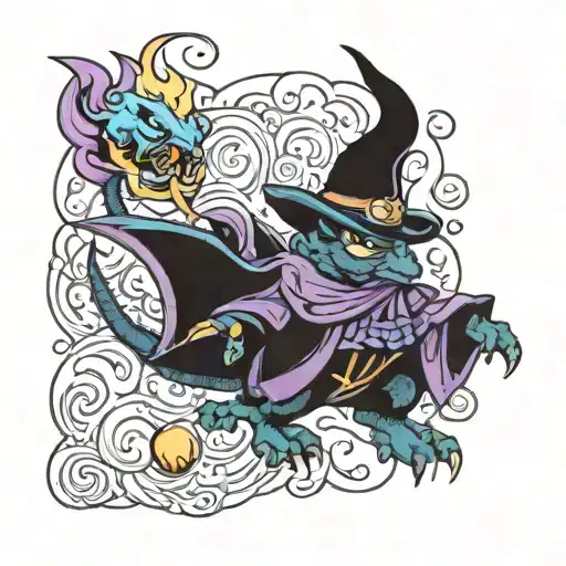 black baby dragon Wizard with BLUE and purple closed robes with a pointed hat and casting a Fireball tattoo design idea
