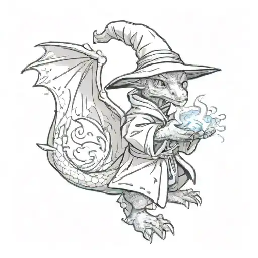 black baby dragon Wizard with BLUE and purple closed robes with a pointed hat and casting a Fireball while holding a boo tattoo design idea