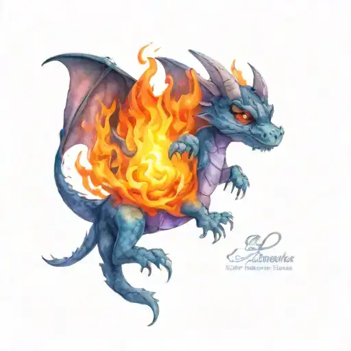 black baby dragon Wizard with BLUE and purple closed robes with a pointed hat and casting a Fireball tattoo design idea