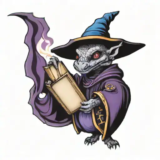 black baby dragon Wizard with BLUE and purple closed robes with a pointed hat and casting a Fireball and holding a book tattoo design idea