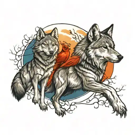 Wolf and Cardinal with a Full Moon in the background tattoo design idea