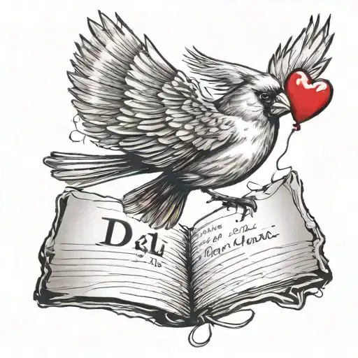 A cardinal flying holding a note that says Dad tied to a red heart balloon  tattoo design idea