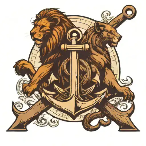 anchor with fireman axes crossed over. vintage map background. vintage compass to the side. Lion overlooking the image tattoo design idea