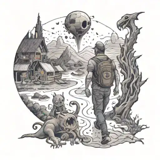 A hellish landscape featuring a stay at home dad navigating through the chaos, surrounded by creepy monsters tattoo design idea