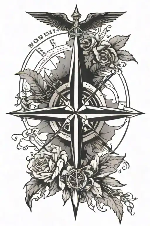 cross compass rose mountian  tattoo design idea