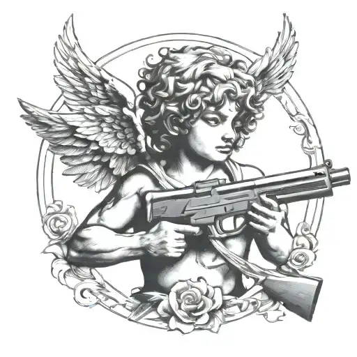 Cupid holding two guns tattoo design idea