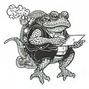toad standing smoking with a computer next to him tattoo design idea