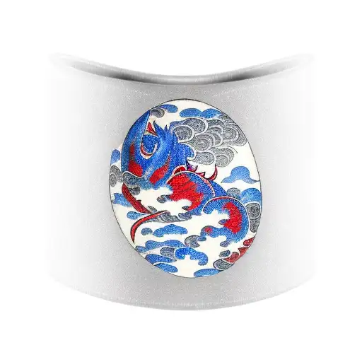 A vibrant and dynamic arm bracelet design featuring a blue Japanese style wave with a red carp jumping in the upper section, and a red forest on fire with burnt trees and a blue wolf lying down in the lower section. The edges of the design should be detailed in black and the overall drawing should have a soft, Japanese style feel. tattoo design idea