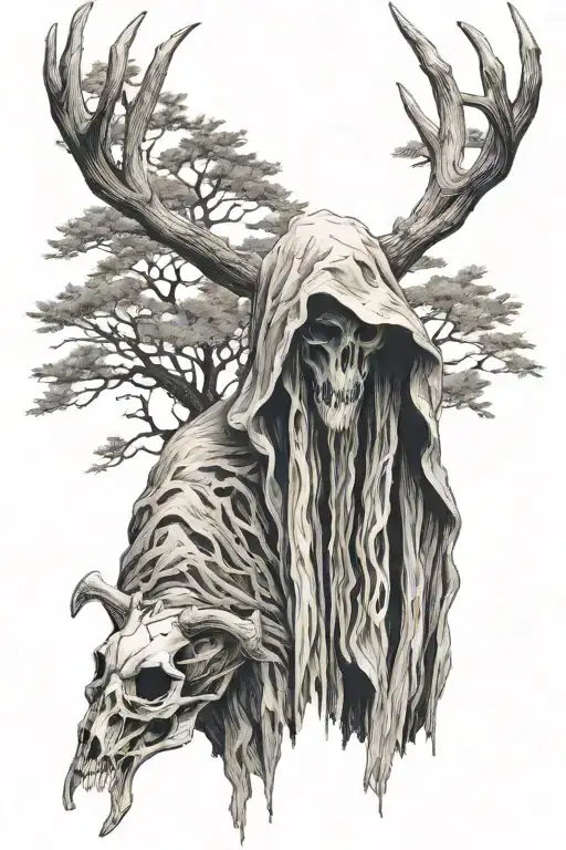 cloaked figure with the head of a deer skull, standing in a forest tattoo design idea