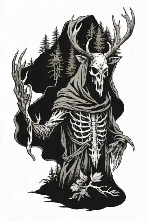 cloaked figure with the head of a deer skull, standing in a forest tattoo design idea