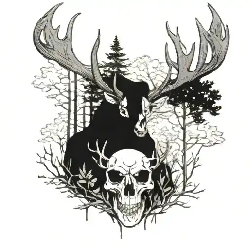 deer skull cloaked figure in a forest tattoo design idea