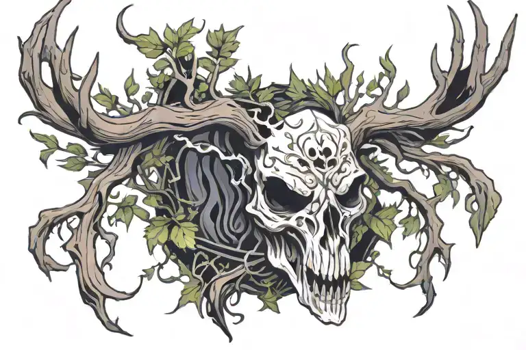 deer skull cloaked figure in a forest tattoo design idea