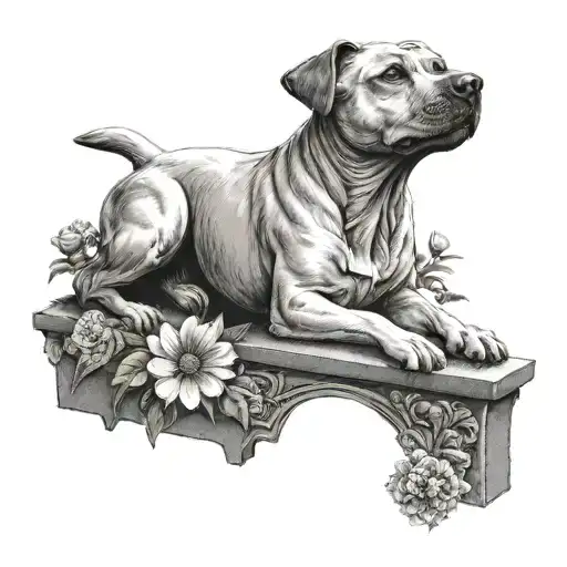 Stafford bull terrier on grave stone that says 2014-2024 with flowers angel flying away  tattoo design idea