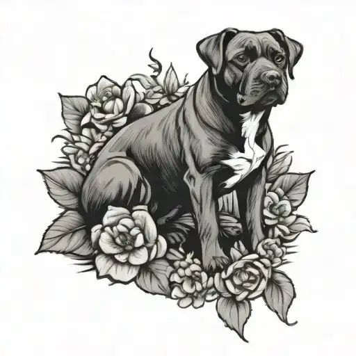 Black dog stafford bull terrier grave stone flowers birth 2014-2024 hearts tattoo design idea