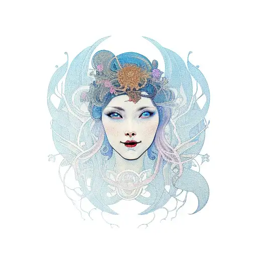 laughing woman in the woods with blue lotus in hair in style of Mucha tattoo design idea